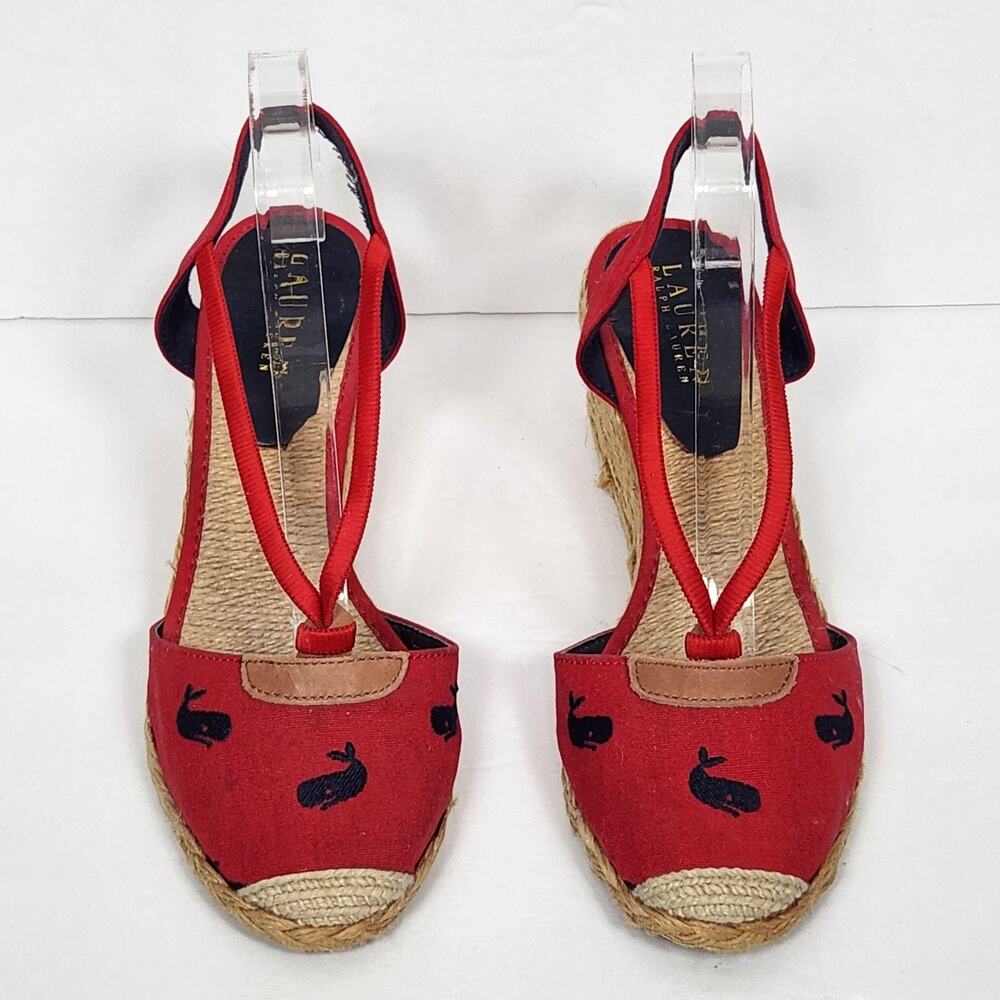 Lauren Ralph Lauren Espadrille Sandals Womens Size 8.5 Red Canvas Whale Wedge